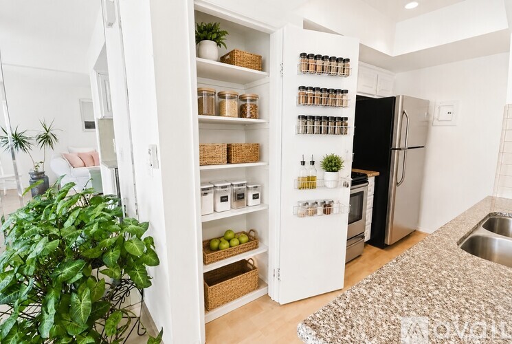 A white refrigerator with a door open is in a kitchen with a plant on the left.