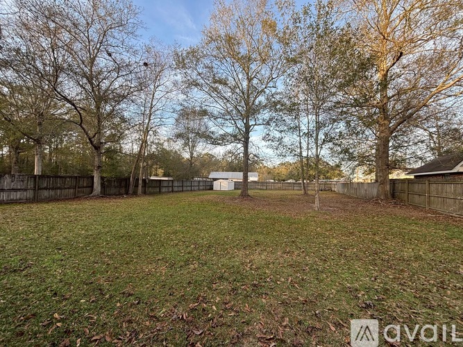 A backyard with a fence and trees.