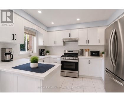 A modern kitchen with white cabinets and stainless steel appliances.
