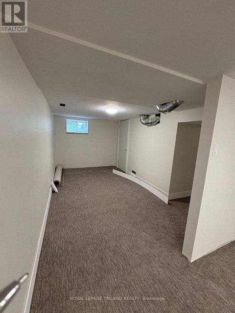 A carpeted room with a window and a door.