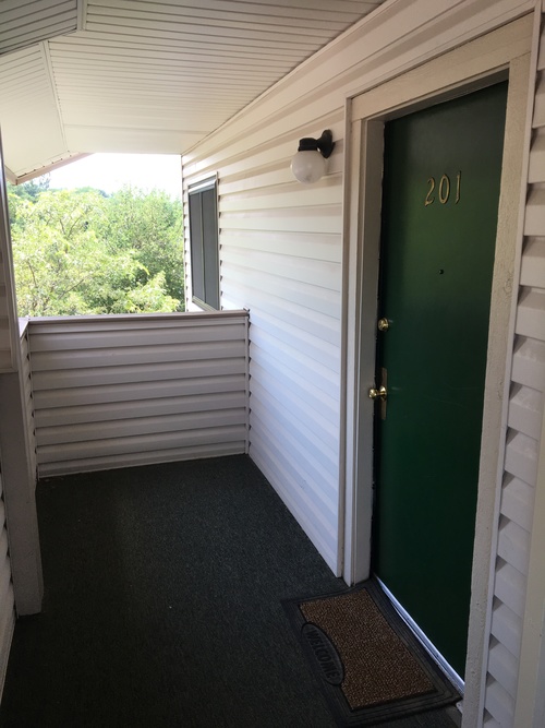 A green door with the number 201 on it.