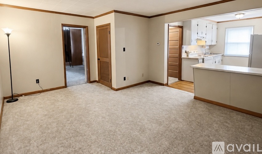 A well-lit, empty living room with a carpeted floor and a kitchen area visible through the open door.