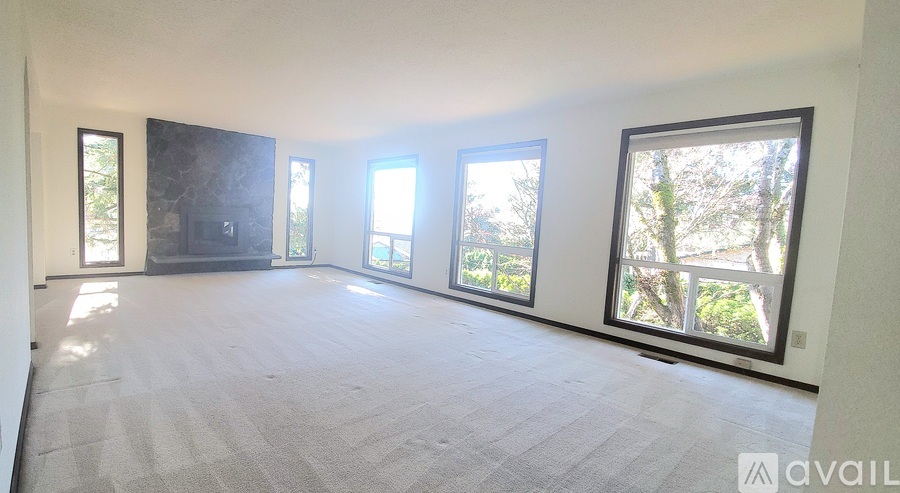 A spacious room with large windows and a carpeted floor.