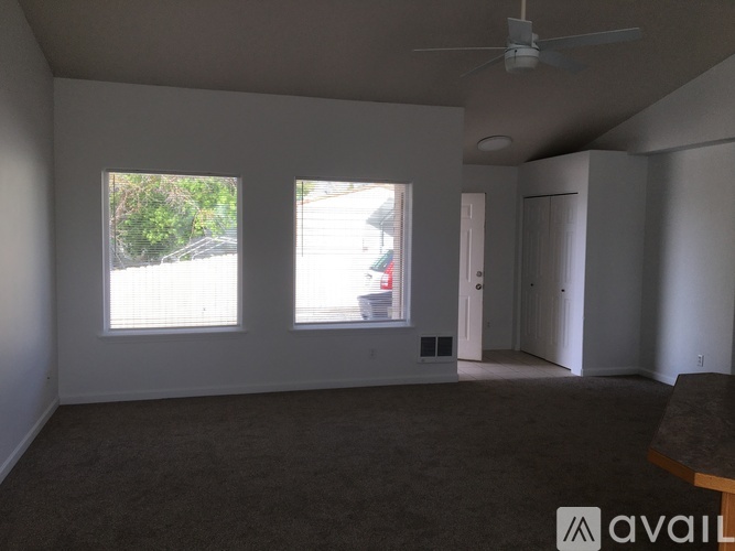 A room with a carpeted floor, a ceiling fan, and two windows.
