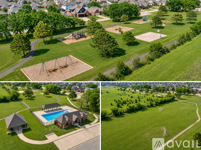A collage of four images showing a residential area with a swimming pool, playground, and a house.