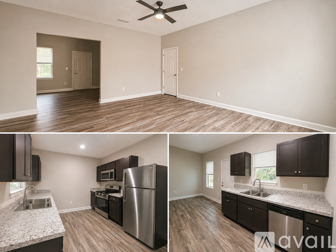 A kitchen and living room with wood floors and a ceiling fan.