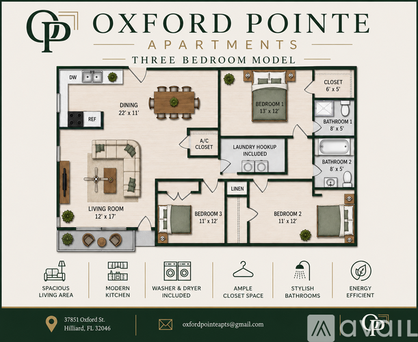 A three bedroom apartment floor plan by Oxford Pointe Apartments.