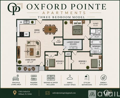 A three bedroom apartment floor plan by Oxford Pointe Apartments.