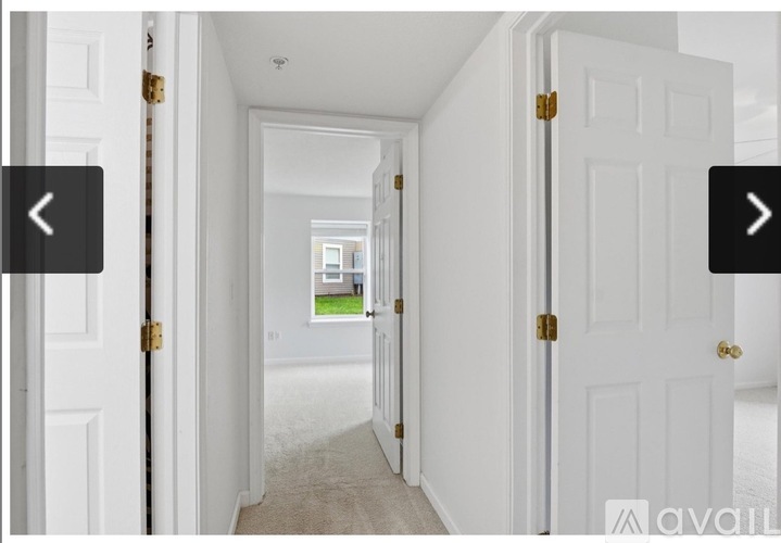 A hallway with white doors and a carpeted floor.