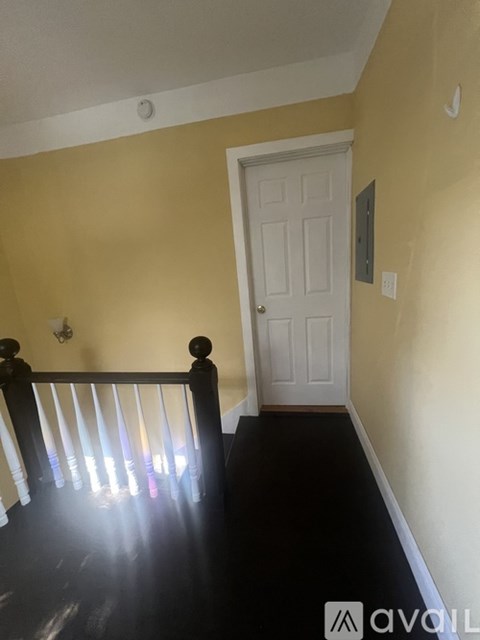 A hallway with a white door and a light on the ceiling.