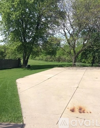 A concrete patio with grass and trees in the background.