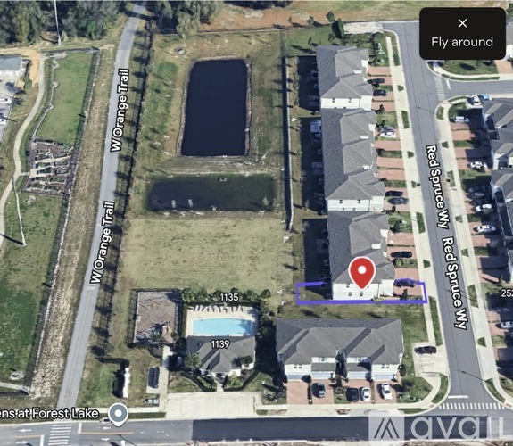 A map shows a red marker on a house at the intersection of W Orange Trail and Red Spruce Way.