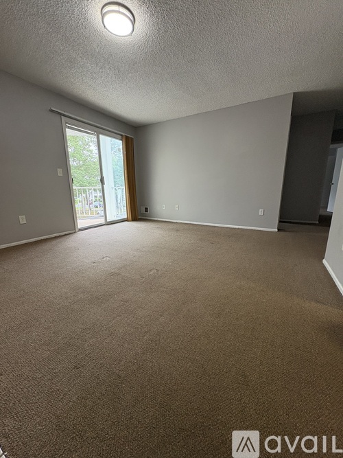 A carpeted room with a sliding glass door leading to a backyard.
