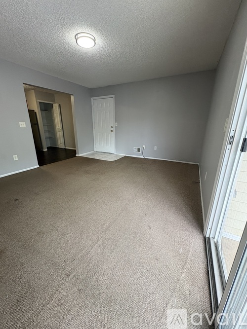 A room with a carpeted floor and a door.