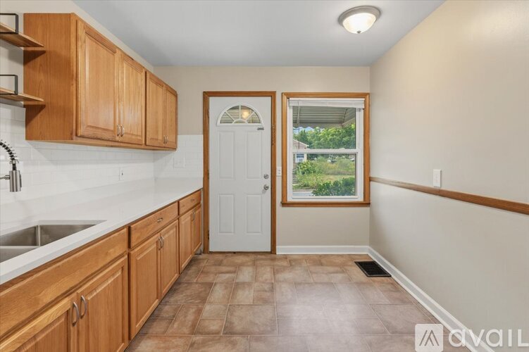 A kitchen with wooden cabinets and a white door.