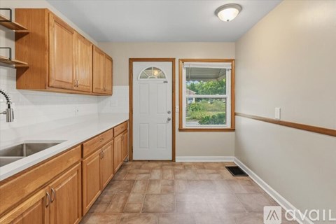 A kitchen with wooden cabinets and a white door.