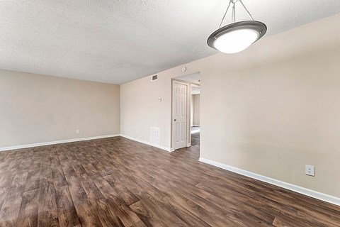 A room with wooden floors and a light hanging from the ceiling.