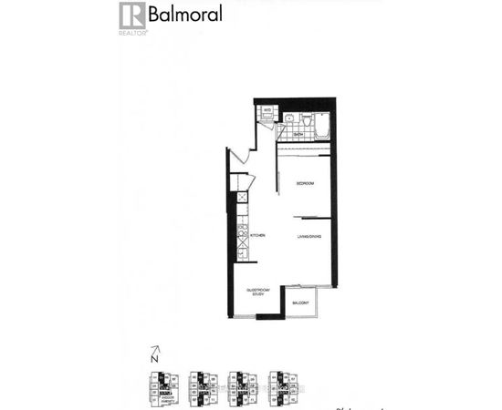 A floor plan of an apartment with a kitchen, living room, and bathroom.