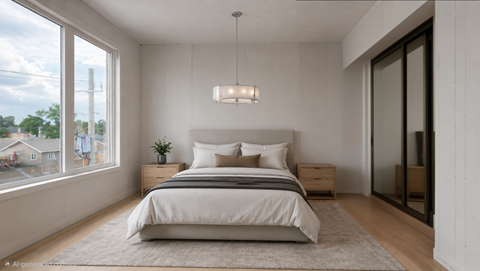A bedroom with a large bed and a view of the outdoors through the window.