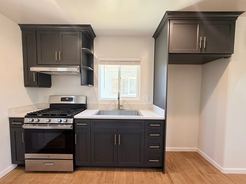 A kitchen with black cabinets and a stove top oven.