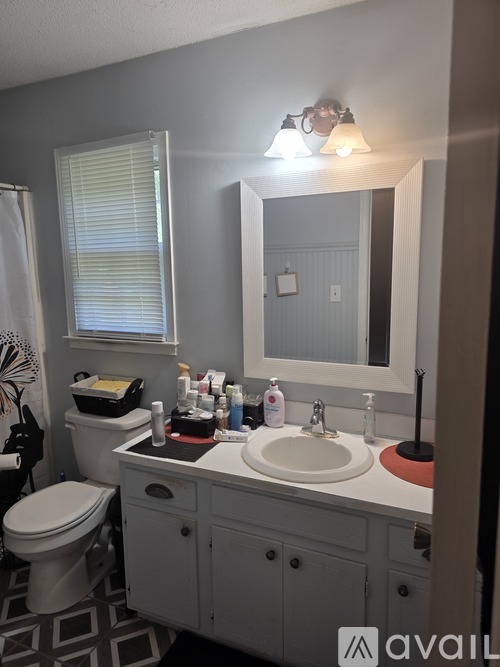 A bathroom with a toilet, sink, and mirror.