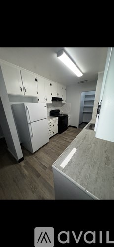 A kitchen with white cabinets and a refrigerator.
