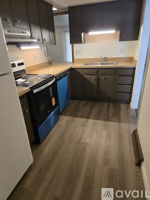 A kitchen with dark wood floors and black cabinets.