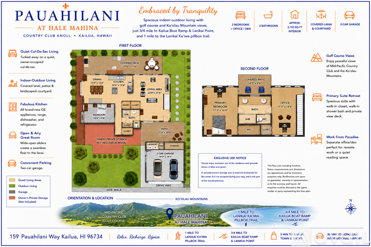 A map of Pauahilani Country Club in Kailua, Hawaii, showing the layout of the first and second floors, amenities, and surrounding area.