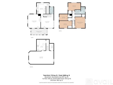 A floor plan of an apartment with two bedrooms, two bathrooms, and a living room.
