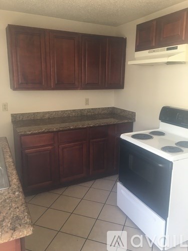A kitchen with a stove and cabinets.