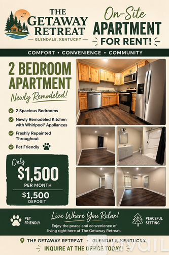 The image is an advertisement for a 2 bedroom apartment for rent at The Getaway Retreat in Glendale, Kentucky.
