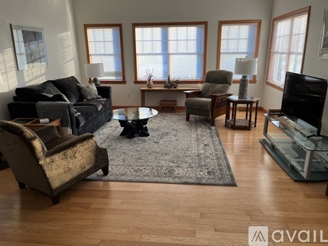 A living room with a grey rug and a black couch.