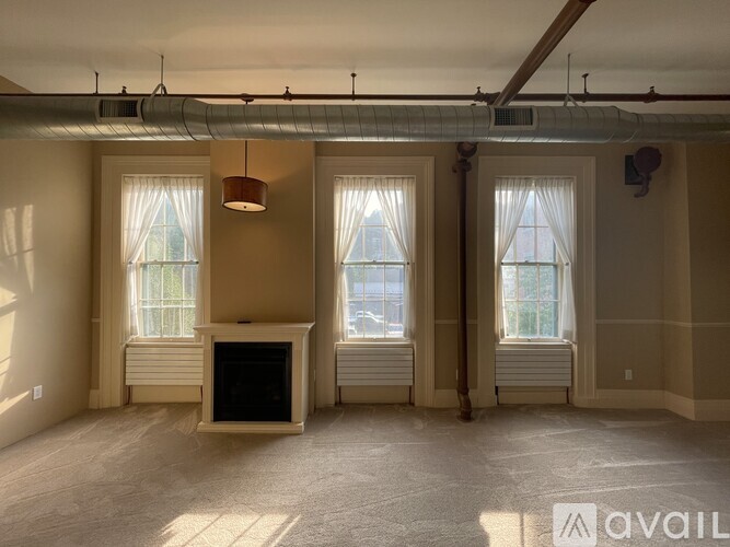 A living room with a fireplace and two windows.