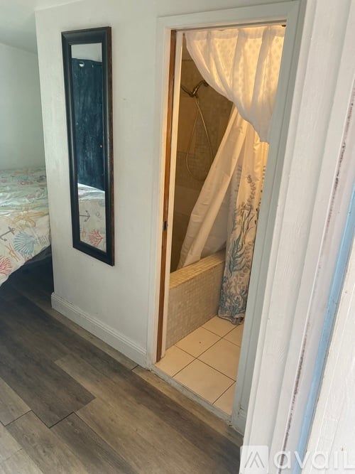 A bathroom with a mirror and a shower with a curtain.