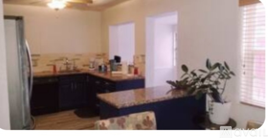 A kitchen with a refrigerator on the left and a counter with a plant on it.
