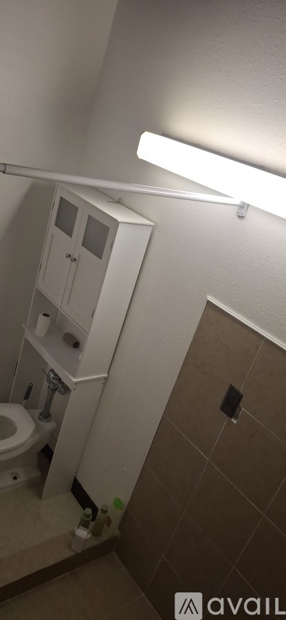 A bathroom with a toilet and a cabinet.