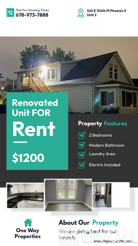 A flyer advertises a renovated unit for rent at $1200, featuring 2 bedrooms, a modern bathroom, laundry area, and electric included.