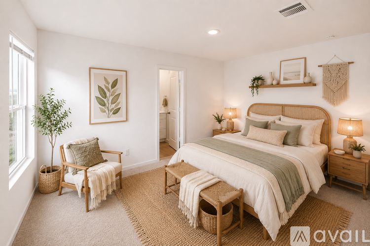 A well-lit bedroom with a large bed, a chair, and a small table.