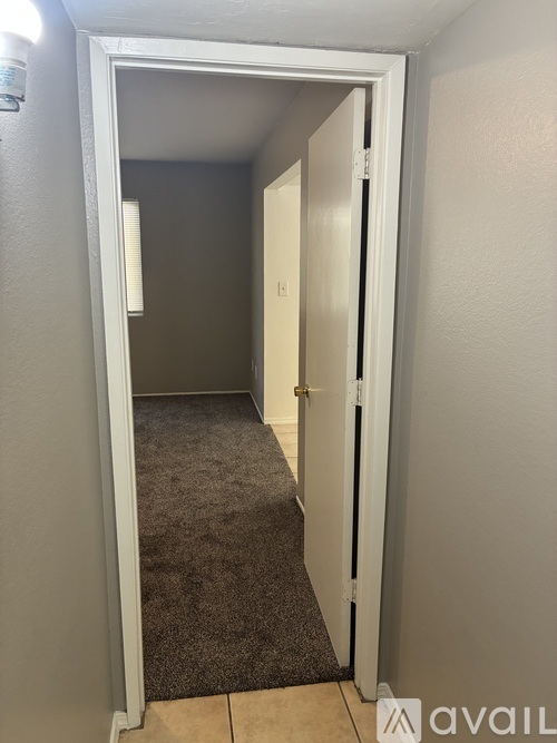 A hallway with a carpeted floor and a door on the right.