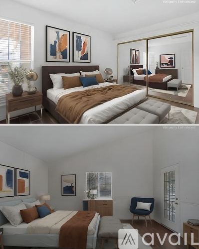 A bedroom with a large bed and a chair.