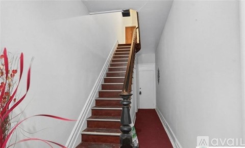 A staircase with a red carpet and wooden steps.