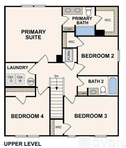 A floor plan of an apartment with a primary suite and four bedrooms.