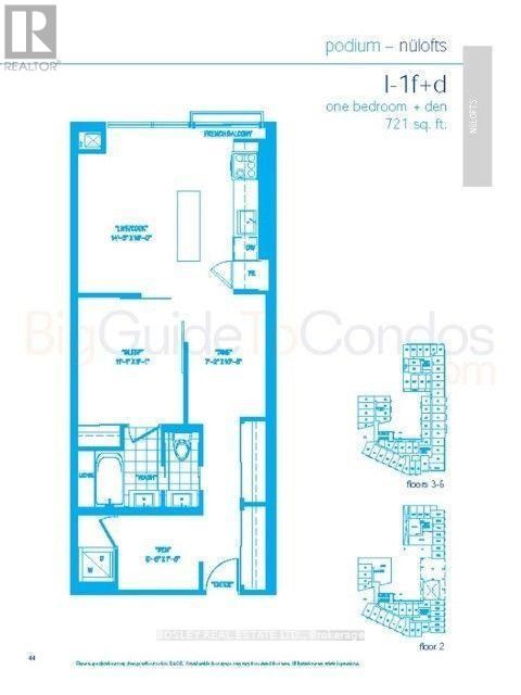 A blueprint of a one bedroom apartment with a den and a total area of 721 square feet.