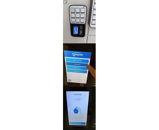 A hand is pointing to a key pickup screen on a device.