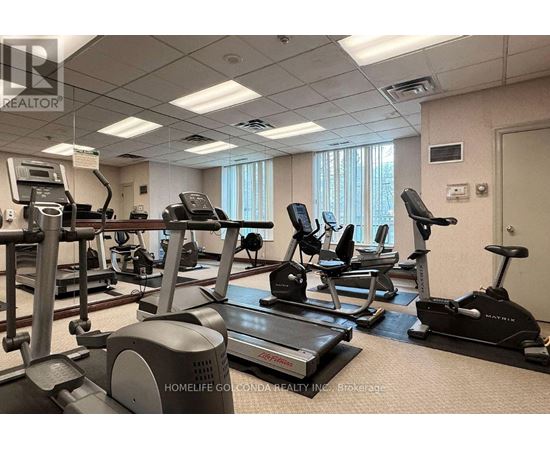 A gym room with treadmills and elliptical machines.