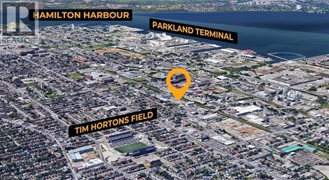 An aerial view of a city with Hamilton Harbour and Parkland Terminal labeled.