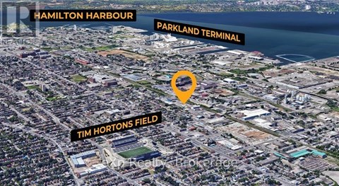 An aerial view of a city with Hamilton Harbour and Parkland Terminal labeled.
