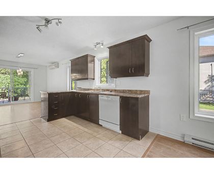 A kitchen with brown cabinets and a white dishwasher.