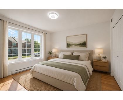 A bedroom with a large bed, a window with curtains, and a painting on the wall.
