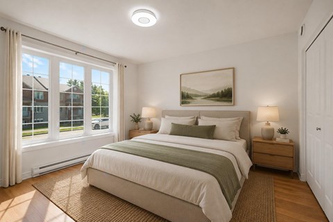 A bedroom with a large bed, a window with curtains, and a painting on the wall.
